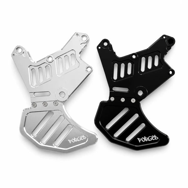 Forged Racing dual caliper mount with rotor guard in silver and black