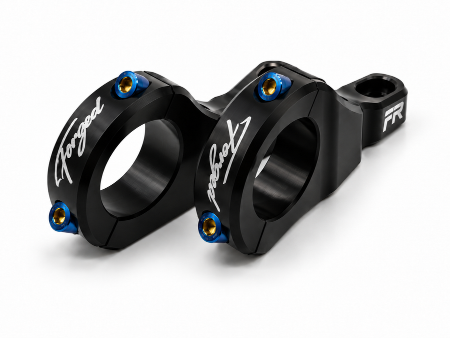 Forged Racing direct mount handlebar stem in glossy black with laser engraved logo and titanium bolts
