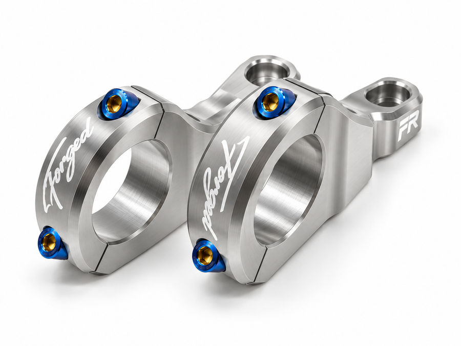 Forged Racing direct mount handlebar stem in chrome silver with laser engraved logo and titanium bolts