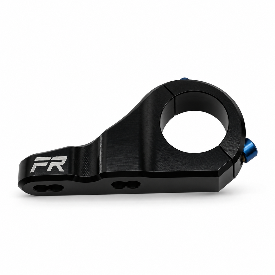 Black Forged Racing direct mount side profile showing the 31.8mm bar clamp and engraved FR logo