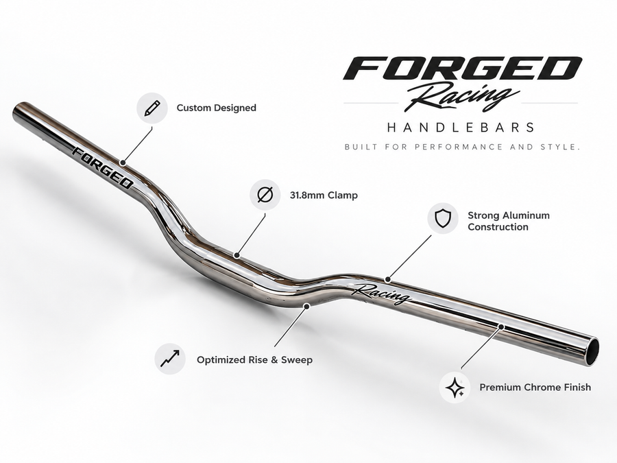 Forged Racing chrome handlebars feature overview, 31.8mm clamp aluminum e-moto bars